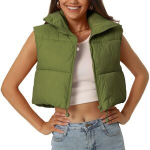 Crop Puffer Vest Lightweight StandCollar Sleeveless Padded Gilet Coat Army Green